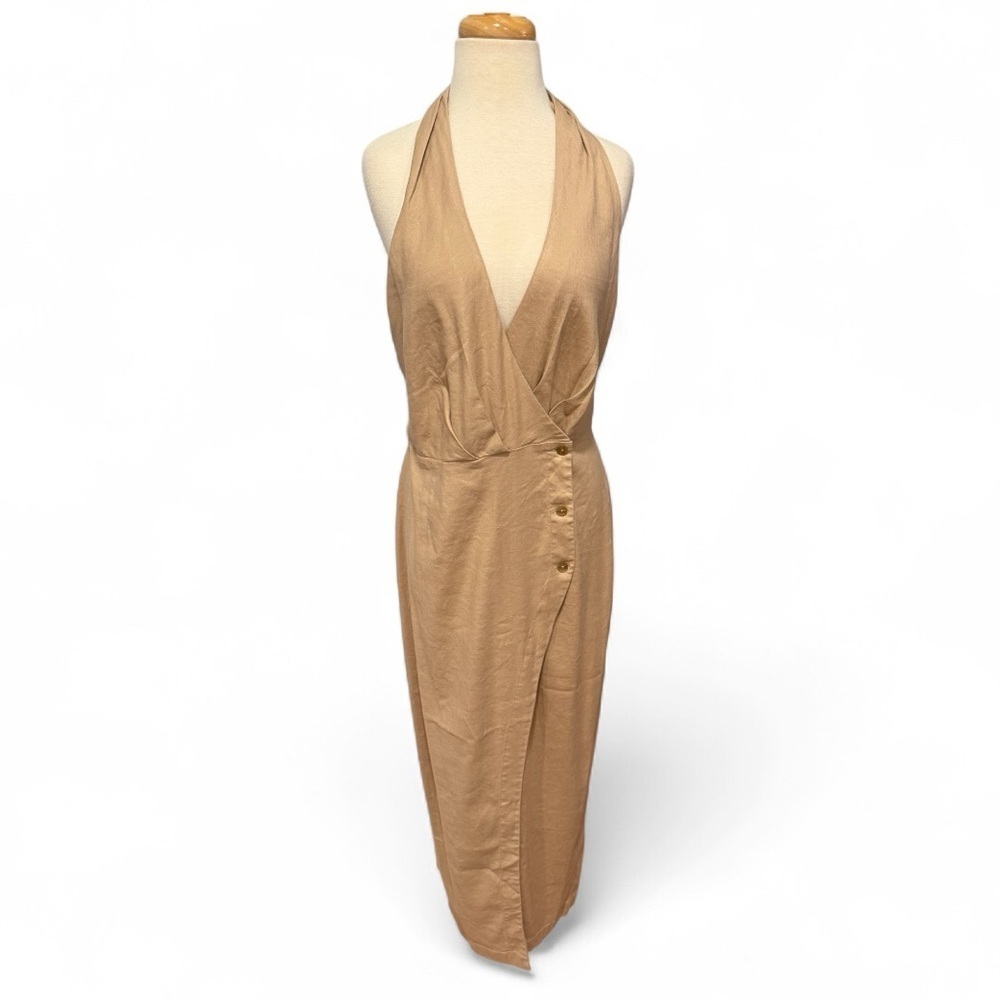 Anthropologie Linen Halter Wrap Dress Tan Size Large NWT - Picture 3 of 9